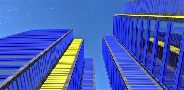View from below of the low-rise apartment building with blue and yellow elements of the the glass exterior against the night sky. 3d rendering.
