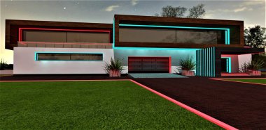 Driveway to the illuminated garage of the modern suburban dwelling at night time. Red glowing border with brick pavement. 3d rendering.