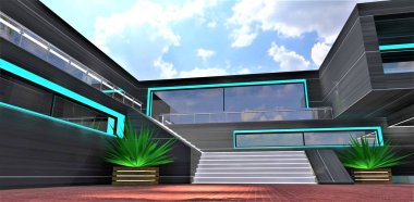 The sun glare falling down through the cloudy sky on the red brick paved area in front of the stairs of the upscale mansion designed exclusively by a skilled team of young constructors. 3d rendering.