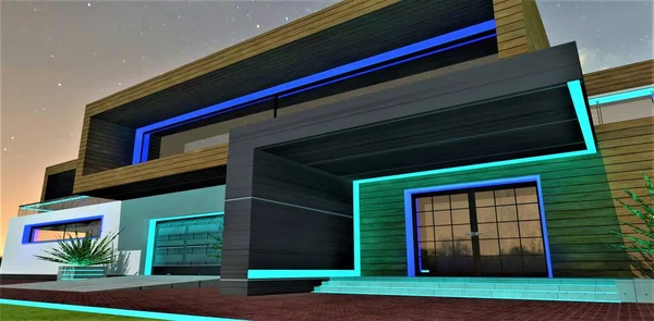Blue turquoise combination of the night glowing decoration of the contemporary country cottage. View of the porch, garage and wooden balcony above. 3d rendering.