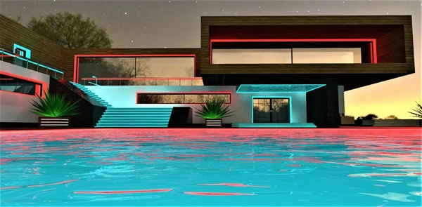 Red illumination glares on the turquoise surface of the swimming pool in front of the courtyard of the exclusive mansion at night an hour before sunrise. 3d rendering.