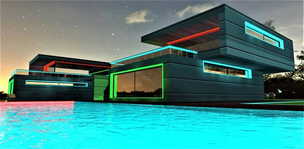 Night illumination of the stunning villa with turquoise pool. Profitable investment for suburban real estate resellers. 3d rendering.