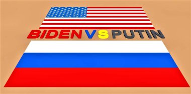Biden vs putin. Inscription between flags of USA and Russia as a symbol of the war on the territory of Ukraine. 3d rendering.