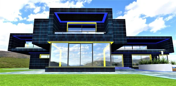 Nice private cottage. Bottom view. Finishing the facade with solar panels. Stylish illumination of exterior details in the Ukrainian style. 3d rendering.