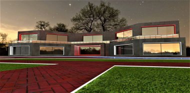 Red brick paved walkway with white luminous curb on the grass at night on the territory of the upscale country house with large illuminated windows and concrete facade. 3d rendering.