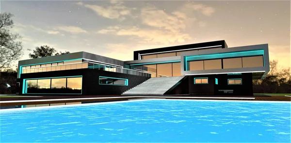 Huge swimming pool under the night cover. Wide concrete staircase up to the terrace of the exclusive modern mansion designed by the skilled team of young engineers. 3d rendering.