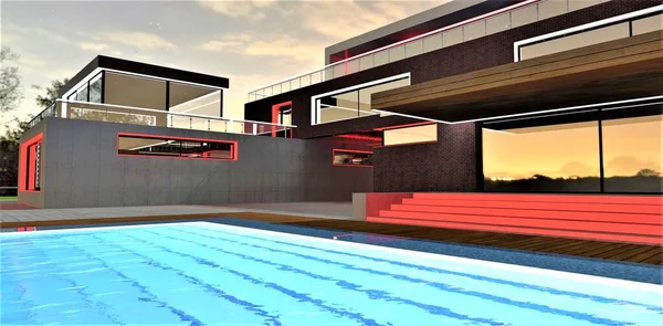 Swimming pool with warm water in front of the exit from the modern suburban building with glowing exterior elements as night decoration. 3d rendering.