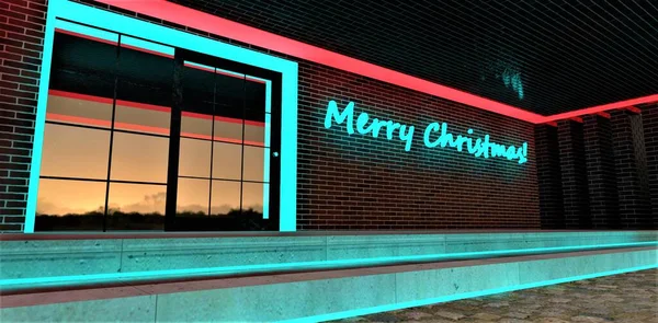 Luminous inscription Merry Christmas in turquoise on the brick wall near the entrance to the building at night. Good illustration for greeting card on New year. 3d rendering.