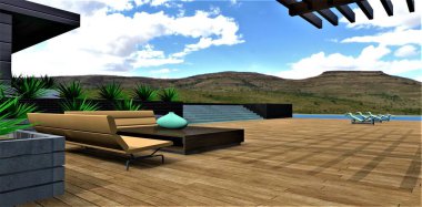 Spacious decked terrace with comfortable furniture. Amazing view of the mountains landscape from the covered patio. 3d rendering.