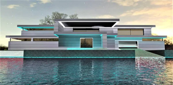 Exclusive House Norway Constructed Bay Shore Concrete Steps Water Boat — Fotografia de Stock