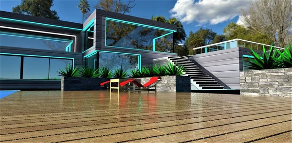 Lacquered wood flooring on the territory of the country estate. With glass exterior and day glowing window elements as a facade decoration. Two red sun loungers for relax. 3d rendering.