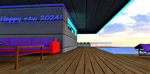 Полы Крыше Бассейном Выкошенные Новым 2024 Годом Стене Над Фиолетовым — стоковое фото