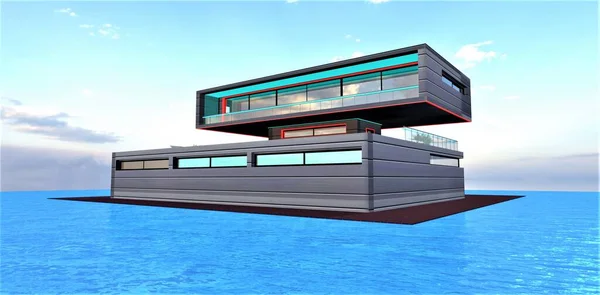 Futurystyczny Prywatny Dom Pływający Oceanie Jasne Oświetlenie Elewacji Pozwala Być — Zdjęcie stockowe
