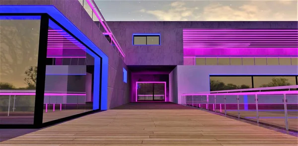 The terrace is covered with a wooden deck. The entrance to the country house is visible, with a night view featuring a purple-blue lighting scheme. 3D rendering.