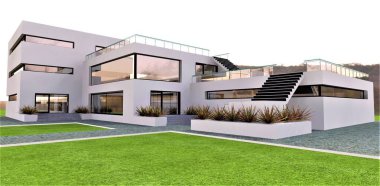 Bulutlu bir günde modern İspanyol minimalizmi tarzında eşsiz bir kır evi tasarımı. Beyaz cephe, beton merdiven ve bir sürü yeşillik. 3B görüntüleme.