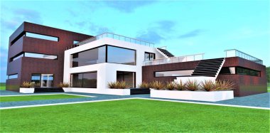 Batan güneşin ışıltısı, lüks bir kır evinin ön cephesinde, özel tasarlanmış sonlarıyla dans ediyor. 3B görüntüleme.