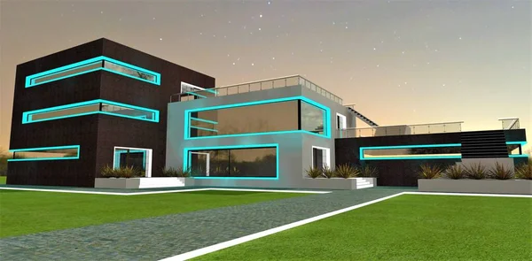 Eine Moderne Fassadenbeleuchtung Für Ein Fortschrittliches Privathaus Der Nacht Türkis — Stockfoto