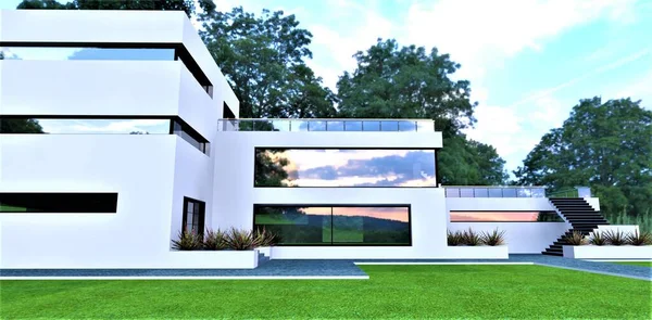 Proyecto Casa Increíble Con Techo Plano Paredes Blancas Situado Prado —  Fotos de Stock