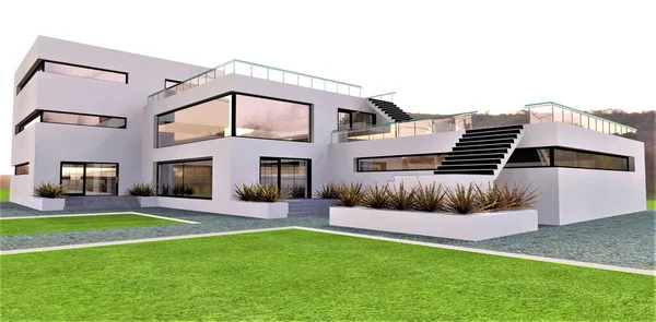 구름낀 스페인의 미니멀리즘 과같은 스타일의 주택의 새로운 콘크리트 그리고 초록빛 로열티 프리 스톡 이미지
