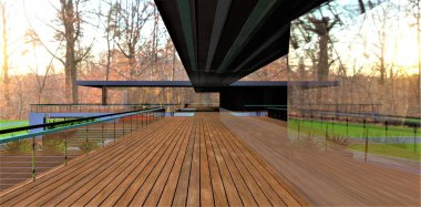 Lüks, seçkin bir villanın panoramik pencerelerindeki güneşli sonbahar ormanının yansıması. Cam parmaklıklı ekolojik ahşap teras. 3B görüntüleme.