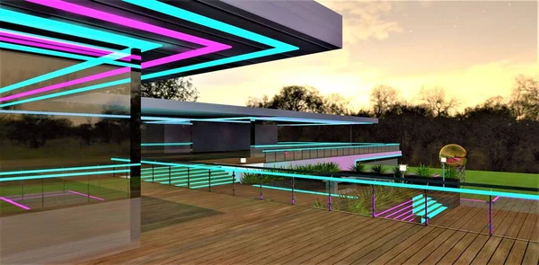 Terrace with a wooden deck covered with glass panels and metal railings. Stunning contemporary house with nighttime illumination. 3D rendering.