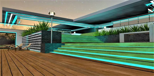 Gentle Turquoise Light Nighttime Illumination Falls Wooden Steps Exclusive Terrace — Stock Photo, Image