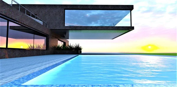 Vibrant Summer Sunrise Reflects Windows Surface Pool Courtyard Luxurious Modern — Stock Photo, Image
