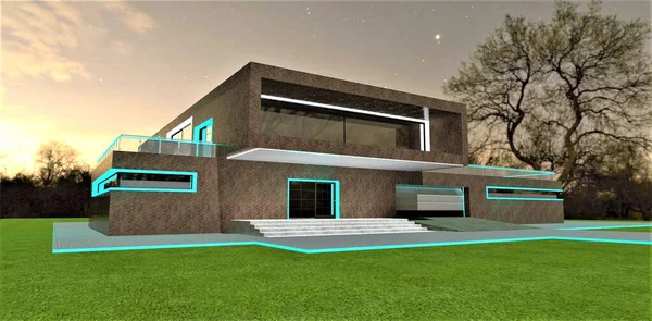 Compact modern cottage in an environmentally friendly area. Night lighting of the brick facade. 3D rendering.