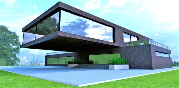 Modern Design Luxury Private Estate Cantilevered Upper Floor Structure Dark — Stock Photo, Image