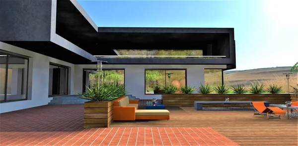 Gemütlicher Innenhof Eines Landhauses Blick Auf Einen Stilvollen Balkon Sofa — Stockfoto