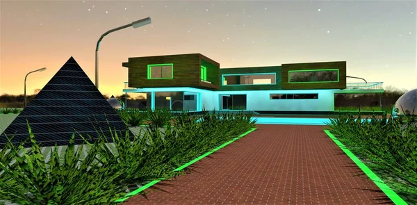 令人惊讶的星夜 富丽堂皇的带蓝绿色立面照明的私人别墅 沿着鹅卵石小路朝游泳池和房子的方向看去 3D渲染 — 图库照片