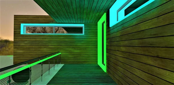 舒适的阳台上装饰着木头 绿色和绿松石点亮了窗户和入口门上夜间装饰的元素 3D渲染 — 图库照片