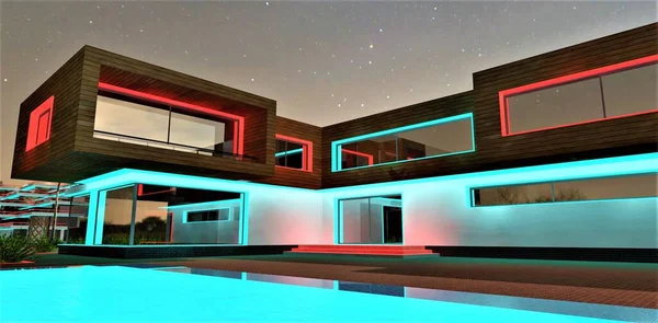 Exklusives Design Des Pools Und Außenbeleuchtung Eines Privaten Anwesens Unter — Stockfoto