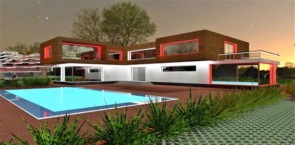 Ατομική Σχεδίαση Ενός Εξοχικού Ιδιωτικού Εξοχικό Σπίτι Κόκκινα Και Λευκά — Φωτογραφία Αρχείου