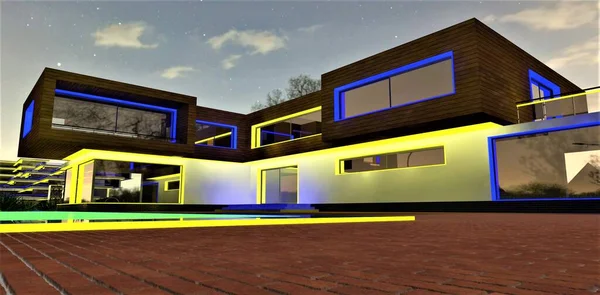 夜の間に木製のファサードのアクセントと家の外の黄色の青の照明スキーム 3Dレンダリング — ストック写真