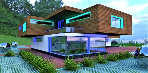 Een Futuristisch Landhuis Verlicht Met Blauw Turquoise Licht Gebouwd Een — Stockfoto