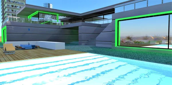 輝く階段は アルミニウム製のファサードを持つ豪華な未来的な邸宅のエリアの透明な冷たい水を通して輝きます 3Dレンダリング — ストック写真