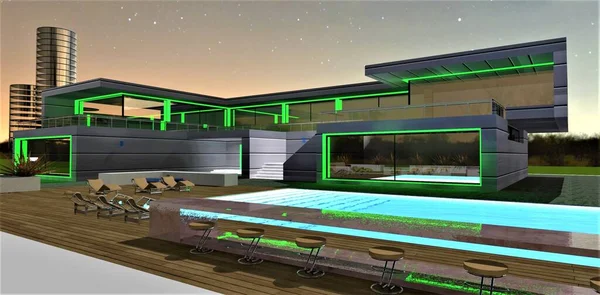 Groene Verlichte Elementen Van Buitenkant Van Een Voorstedelijke Villa Met — Stockfoto