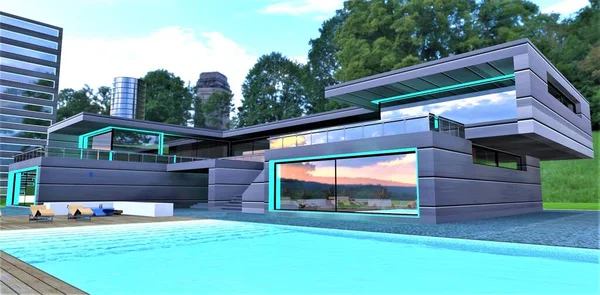 在游泳池旁边的一个生态公园里 一个未来派的乡村村舍 在金属立面上挂着碧绿的灯光 3D渲染 — 图库照片
