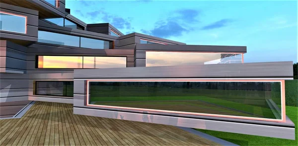 Architektonische Abstraktion Minimalistischen Stil Flachdach Holzterrasse Und Große Panoramafenster Auf — Stockfoto