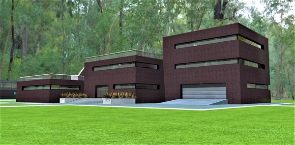 A recently constructed private building, adorned with sturdy red brick, situated on a beautiful clearing within an ancient dense forest featuring rare, relic trees. 3D rendering.