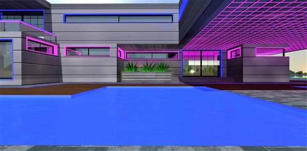令人印象深刻的池照明设计在一个豪华的乡村别墅庭院里 紫色发亮的网格 3D渲染 — 图库照片