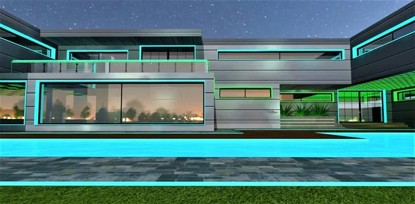 一个迷人的带有游泳池的乡村住宅的夜间庭院 绿松石照明吸引了潜在的房地产买家 3D渲染 — 图库照片