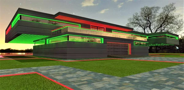 乡村未来派地产的红色和绿色立面照明 晚上去看车库 准备好了房地产销售横幅 3D渲染 — 图库照片