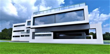 Şık bir banliyö evinin dış kaplaması olarak beyaz dayanıklı sıva. Modern tasarım. Zevkli minimalizm. 3B görüntüleme.