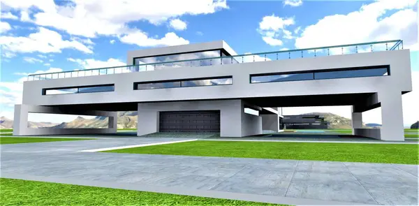 Futuristic Concept Private House Mountainous Terrain Expansive Design Garage Visible — Stock Photo, Image