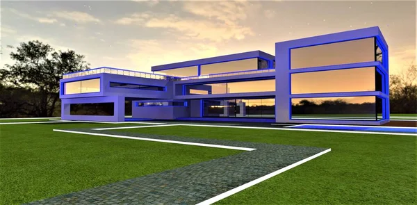 Hochmodernes Design Von Luxus Immobilien Auf Dem Land Blaue Nächtliche — Stockfoto