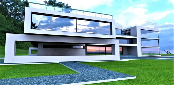 Concept Van Een Ruim Landhuis Met Een Witte Stucgevel Gelegen — Stockfoto