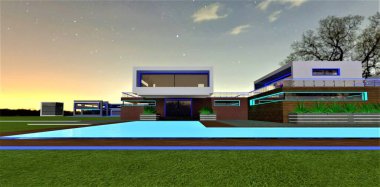 Lüks yazlık kasabada göz kamaştırıcı yıldızlı bir gece. Şık bir evin girişinde parlayan bir turkuaz havuz. 3B görüntüleme.