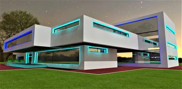 Vista Nocturna Una Casa Nueva Con Amplias Ventanas Panorámicas Iluminación — Foto de Stock